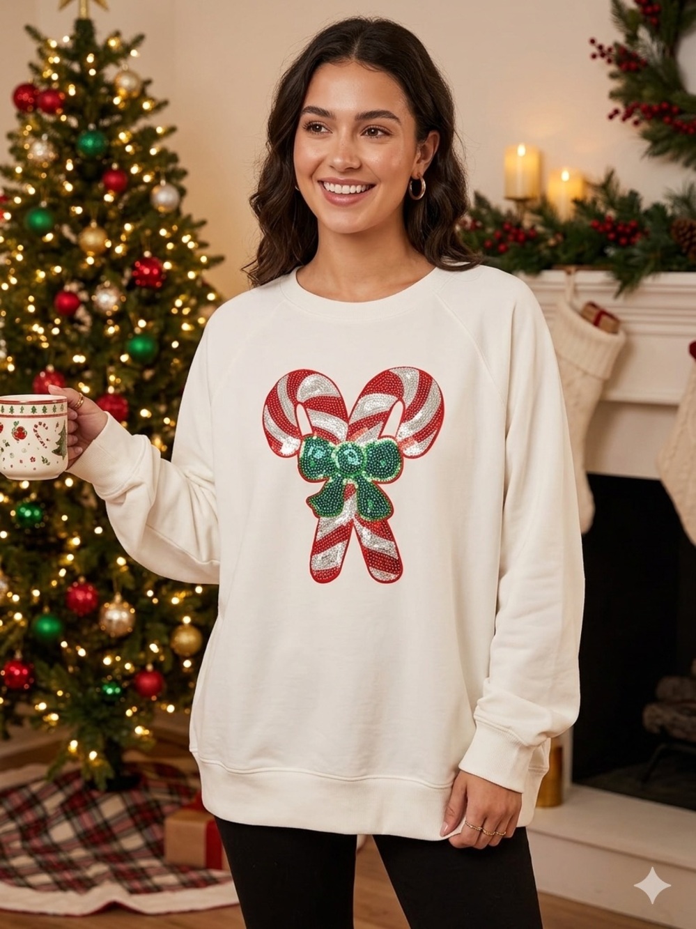 NWT Oversized Sequin Candy Cane Bow Women's Cream Holiday Sweatshirt XL